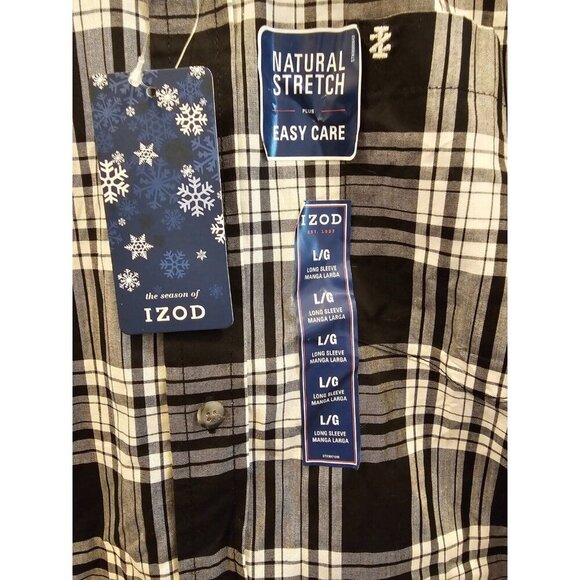 NWT Men's Izod Natural Stretch Button Down Shirt Size Large Black Plaid - Picture 2 of 6